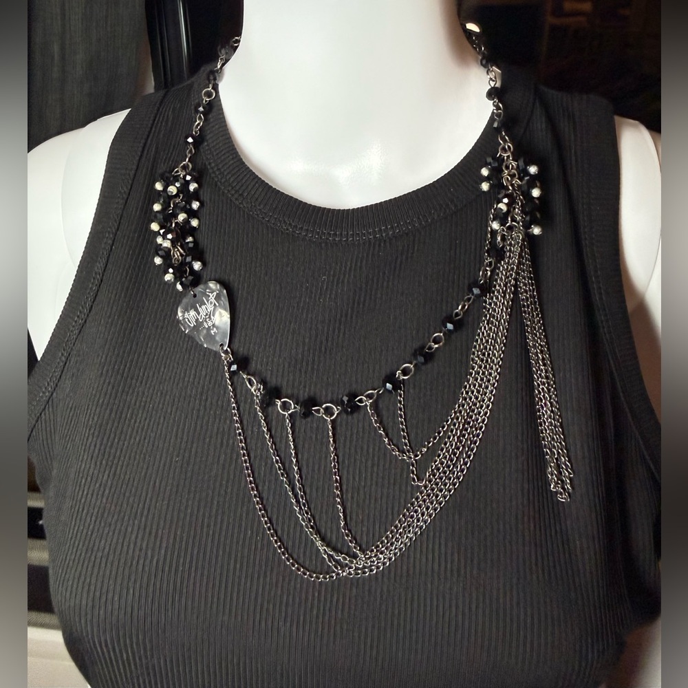 Black and Silver Chain Necklace with Jim Dunlop Guitar Pick Pendant